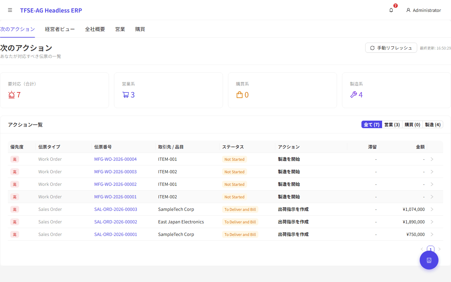 ダッシュボード画面